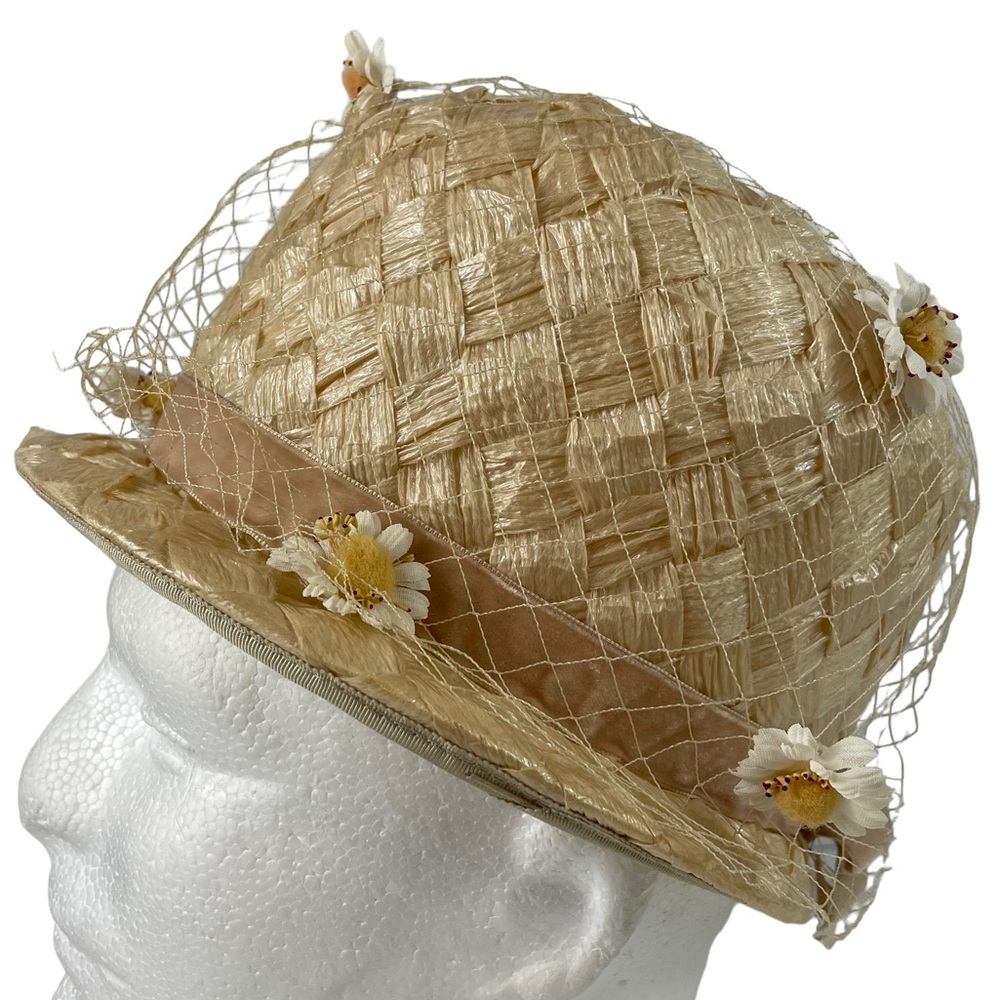 Vintage 1960s Woven Rattan Harvesting Summer Hat Netting Flowers Bow Miss Eileen